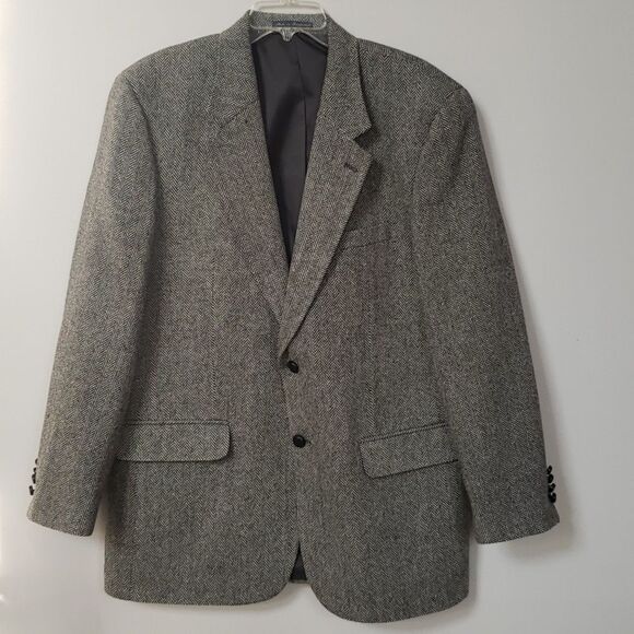 Savile Row Sport Coat Mens 44L Wool Tweed Herringbone Black White Blazer Jacket - Picture 1 of 7